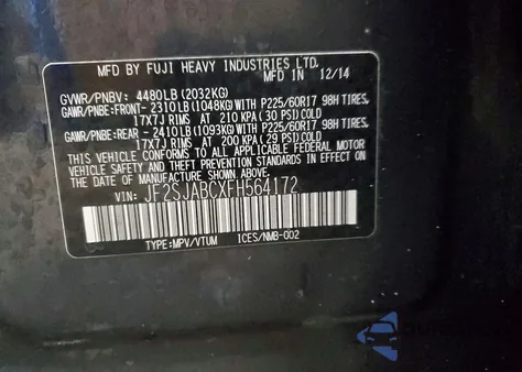 2015 Subaru Forester 2.5I z USA, uszkodzony, nr VIN JF2SJABCXFH564172